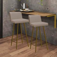 Imagem de Kit Mesa Suspensa de Parede Fixa MDF Castanho + 2 Banquetas Lexi Ferro Dourado Corino Bege - Ahazzo Móveis