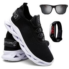 Imagem de Kit Tênis Masculino de Corrida e Caminhada + Óculos de Sol Madeirado e Relógio - Preto/Branco/43
