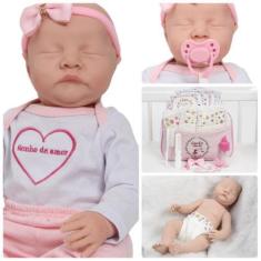 Imagem de Boneca Reborn Recém Nascida Olhos Fechados Kit 17 Acessórios - Cegonha