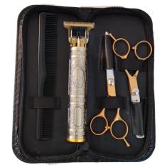 Imagem de Kit Profissional Tesouras Dourada + Maquina Cortar Cabelo Barba - Lehm