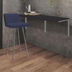 Imagem de Kit Mesa Suspensa de Parede Fixa mdf Preto + 1 Banqueta Lexi Ferro Prata Sintético Azul Marinho - Ahazzo Móveis