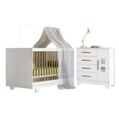 Imagem de Quarto de Bebê com Berço Mini Cama 100% Mdf Flocos e Cômoda 4 Gavetas 