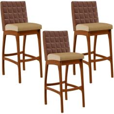 Imagem de Kit 03 Banquetas Altas Mila Marrom Linho Bege Escuro