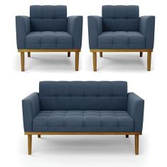 Imagem de Namoradeira E 2 Poltronas Base De Madeira Castanho Elisa Suede Azul Marinho D03 - D`rossi