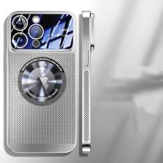 Imagem de Capa magnética de dissipação de calor para iPhone 13 11 12 14 15 Pro Max lente de vidro de malha galvanizada ampliar logotipo capa de telefone, prata, para iPhone 12 Pro