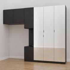 Imagem de Guarda Roupa Modulado de Solteiro com Espelho e Mesa de Cabeceira Direita 7 Portas 3 Peças Hera Cabe Preto/preto