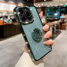 Imagem de Estojo de suporte de anel de diamante com brilho e strass para iPhone 11 12 13 14 Pro Max XS XR 8 7 Plus SE Capa de silicone macio, verde escuro, para iPhone XR
