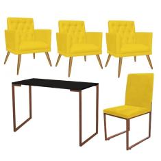 Imagem de Kit Escritório Stan 3 Poltronas Maria com Cadeira e Mesa Industrial Preto Bronze Tecido Sintético Amarelo - Ahz Móveis