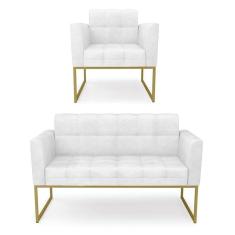 Imagem de Kit 1 Sofá Namoradeira E 1 Poltrona Elisa Corano Branco Base Metálica Industrial Dourado - D`rossi