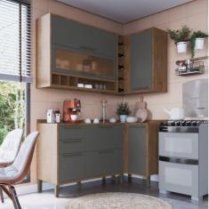 Imagem de Cozinha Modulada Compacta de Canto com 4 Peças 5 Portas 4 Gavetas e Vidro Reflecta 100% MDF Vicenza Castanho/Cinza
