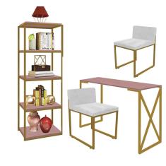 Imagem de Kit Escritório Bex 2 Cadeiras Suede Branco com 1 Mesa e 1 Livreiro Ferro Dourado MDF Rose Rosa - Ahazzo Móveis