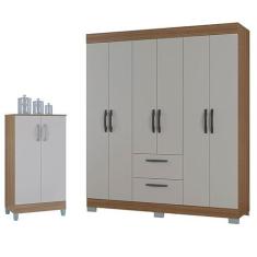 Imagem de Guarda Roupa Casal Tóquio 6 Portas com Armário Multiuso 2 Portas Pequeno Castanho Off White - Poquema