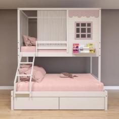 Imagem de Beliche Casinha Reta Casal/ Solteiro Com 02 Gavetas E Cortina Madeira