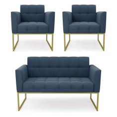 Imagem de Kit 1 Sofá Namoradeira E 2 Poltronas Elisa Suede Azul Marinho Base Metálica Industrial Dourada
