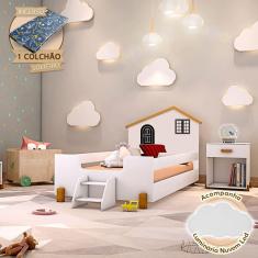 Imagem de Cama Montessoriana Infantil Solteiro Belissima Preta - Branca e Amêndoa + Luminária Led + Colchão