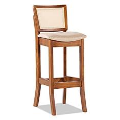 Imagem de Banqueta Alta Portugal em Madeira com Encosto em Rattan Estofada Linho Bege M58 RMI