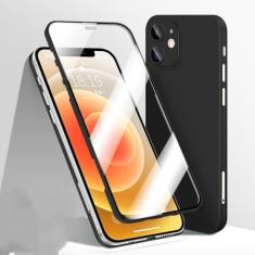 Imagem de Capa de telefone com capa completa 360 para iPhone 12 11 Pro Max 12 Mini X XR XS Max Frente de vidro temperado traseira capa dura à prova de choque fosca, preta, para iphone 12