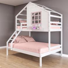 Imagem de Beliche Casinha Com Janela Casal/solteiro Madeira Maciça Branco/ Rosa Housin