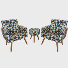 Imagem de Kit 02 Poltronas Decorativa Nina com Puff Redondo Triângulo Verde - Bela Casa Shop