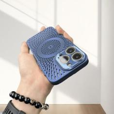 Imagem de Capa de telefone de malha de dissipação de calor respirável 12 13 14 15 pro max capa de telefone de carregamento sem fio magnético, azul escuro, para iphone 12 promax