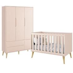 Imagem de Jogo De Quarto Infantil Theo Guarda Roupa 3 Portas E Berço Rosa Fosco