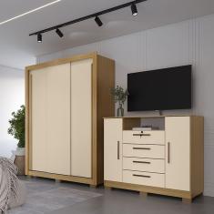 Imagem de Kit Guarda Roupa Casal Dallas 3 Portas 2 Gavetas e Cômoda Viena 2 Portas e 4 Gavetas I01 Carvalho Off White - Clique Chique Móveis