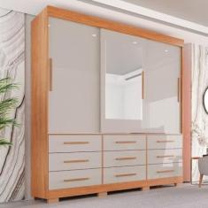 Imagem de Guarda-roupa com Pés e Espelho Casal 3 Portas 9 Gavetas Luana Cinamomo/off-white