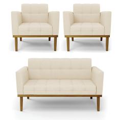 Imagem de Sofá Namoradeira E 2 Poltronas Base Madeira Castanho Elisa Linho D03 - D'rossi Cor A19 Bege