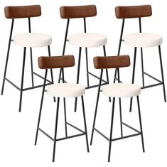 Imagem de Kit 05 Banquetas Baixa Cozinha Sala De Jantar Milão L02 Couríssimo Marrom Linho Cru - Lyam Decor