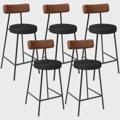 Imagem de Kit 05 Banquetas Baixa Cozinha Sala Jantar Bancada Milão L02 Couríssimo Marrom Preto - Lyam Decor