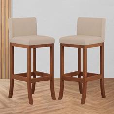 Imagem de Kit 2 Banquetas Alta Encosto Estofado 38x98 Cm Ilha Espanha Madeira Maciça Castanho Suede Bege - CCS