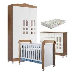 Imagem de Quarto de Bebê New Selena 3 Portas com Cômoda Selena e Berço Mirelle Branco Acetinado Amadeirado e Colchão Gazin – Carolina Móveis