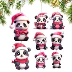 Imagem de Ornamento de Natal da Panda,Enfeites de Panda de Natal,Ornamentos acrílicos para carros planos - 8X pequenos enfeites de Natal, lindo enfeite de árvore de Natal com pandas usando chapéu de Papai Noel