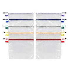 Imagem de Oxford Bolsas com zíper reforçadas, pacote com 10, 33 x 26 cm, bolsa de poliéster translúcida, forro de malha branca, vermelho, amarelo, verde, roxo, zíperes azuis (77707)