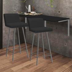 Imagem de Kit Mesa Suspensa de Parede Fixa MDF Preto + 2 Banquetas Lexi Ferro Cinza Suede Preto - Ahazzo Móveis