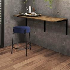Imagem de Kit Mesa Suspensa de Parede Fixa MDF Castanho + 1 Banqueta Sintra Ferro Preto Sintético Azul Marinho - Ahazzo Móveis