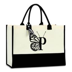 Imagem de Hanamiya Na Sacola de lona com inicial borboleta personalizada bolsa de praia reutilizável sacolas de mercearia presentes monograma, Manteiga P, 16.8 x 7.8 x 11.8 inches