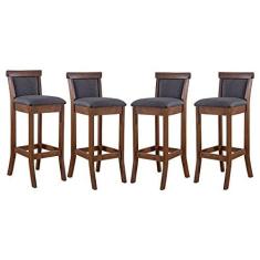 Imagem de Kit 4 Banquetas Alta Estofada Encosto Mônaco 36x100Cm Madeira Maciça Imbuia Linho Cinza L67 - RMI