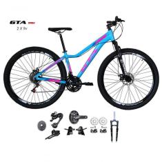 Imagem de Bicicleta Aro 29 Feminina Gta Start Kit 2x9 Gta Sunrun Disco K7 11/36 Pedivela 24/38d Garfo Trava - Azul/rosa Tam.15.5