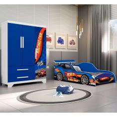 Imagem de Conjunto Quarto Infantil Carros - Cama Solteiro Proteção Lateral com Colchão e Roupeiro Mdf - Azul