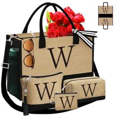 Imagem de Adoryoung Sacolas com monograma, 3 peças, presentes de aniversário para mulheres, bolsas de juta personalizadas com inicial inicial para sua irmã e mãe, Juta, Large