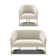 Imagem de Sofá Namoradeira E Poltrona Base Industrial Dourado Stella Bouclê Bege D03 - D`rossi