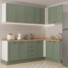 Imagem de Cozinha Modulada 6 Peças 3 Armários Aéreos e Nichos, 3 Balcões Cabecasa Madeiramadeira Verde Menta/branco