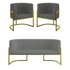 Imagem de Kit 2 Poltronas Sofá 2 Lugares Para Recepção Gold Veludo Cinza