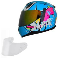 Imagem de Capacete Moto Feminino Norisk Razor Mad Azul Viseira Dourada, Azul Bri