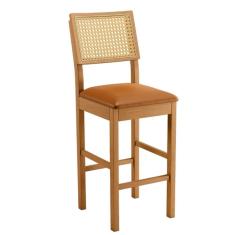 Imagem de Banqueta Jade 03 Madeira Maciça Jcm Encosto Rattan E Couro Caramelo