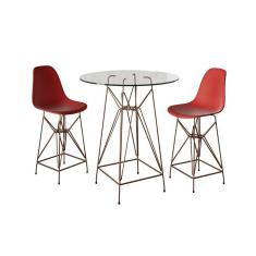 Imagem de Jogo Mesa Bistrô Eames Vidro 60Cm 2 Banquetas Vermelha Base Ferro Cobre - Cor: Branco