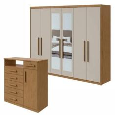 Imagem de Conjunto de Guarda-roupa 6 portas Áries com espelho e Cômoda Da Vinci Amêndoa Clean/off White