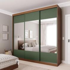 Imagem de Guarda-roupa Casal 3 Portas de Correr Ripadas com Espelho Samambaia Cabecasa Madeiramadeira Freijó/Verde