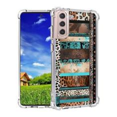 Imagem de QHFTREX Capa de telefone compatível com Samsung Galaxy S22 Plus, couro de vaca e leopardo turquesa colagem ocidental country capa de telefone, design para Samsung capa masculina e feminina, capa legal